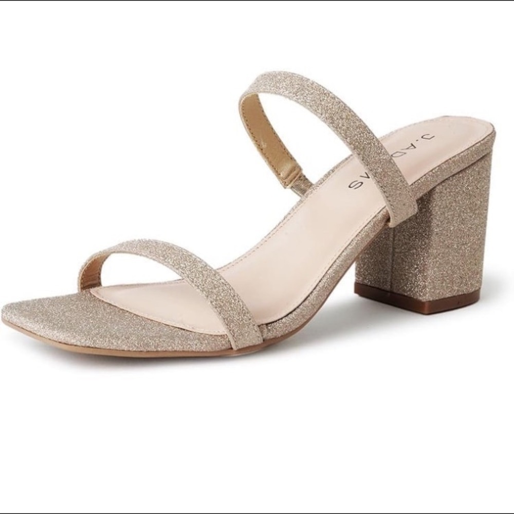 J. Adams Stormi Gold Heeled Sandals Square Toe Double Band Block Heel NWOT 8.5